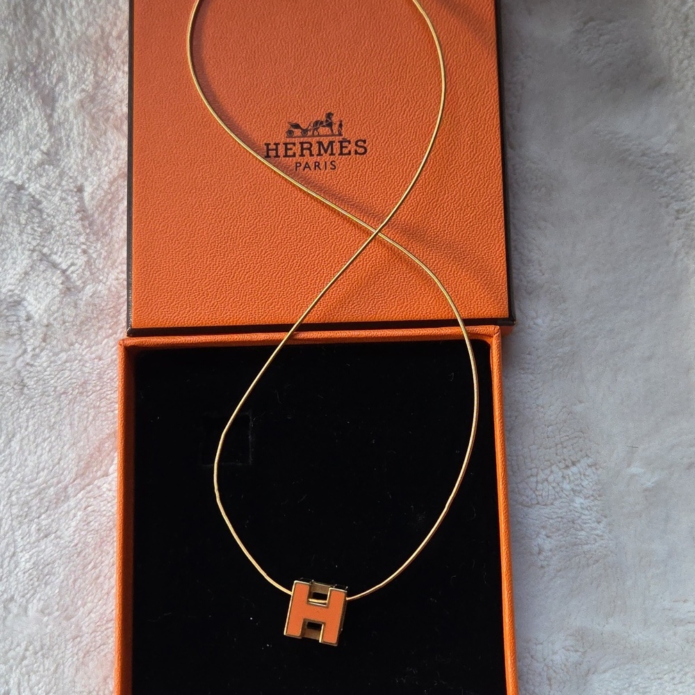 Hermes Cage Ash Metal Gold Necklace In Box